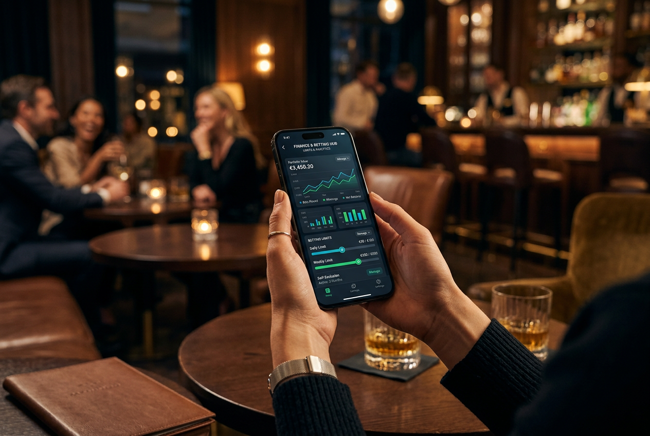 A professional checking a financial banking app on a smartphone to manage a gaming budget.