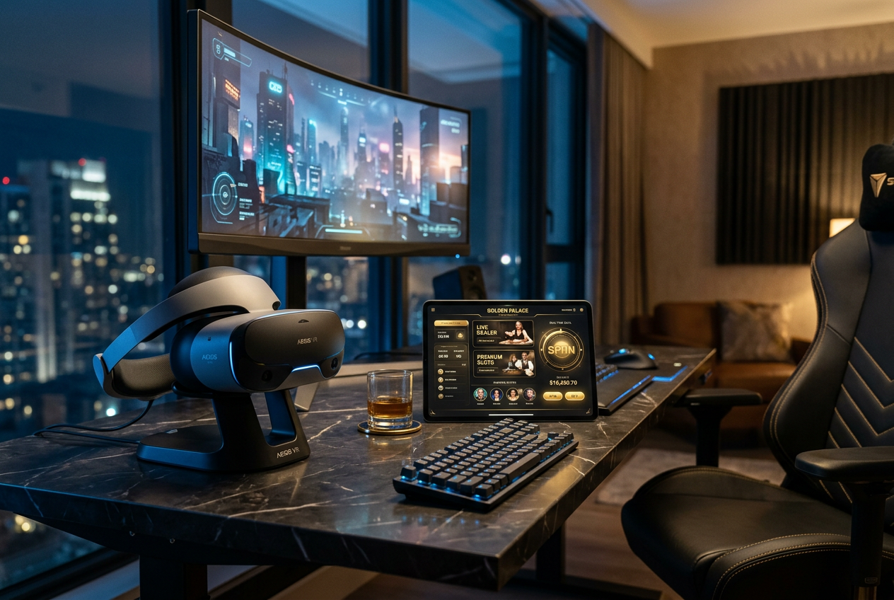 Advanced VR headset and a tablet displaying a sleek online casino interface on a marble desk.