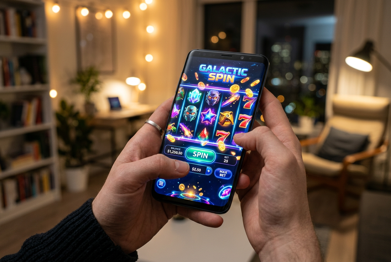 A person playing a modern mobile casino game on a high-end smartphone.