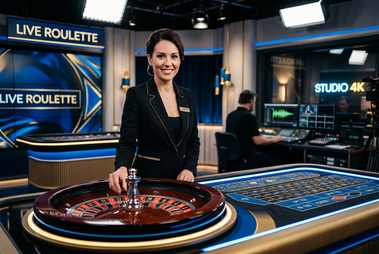 A professional live casino dealer at a high-end roulette table in a modern studio.
